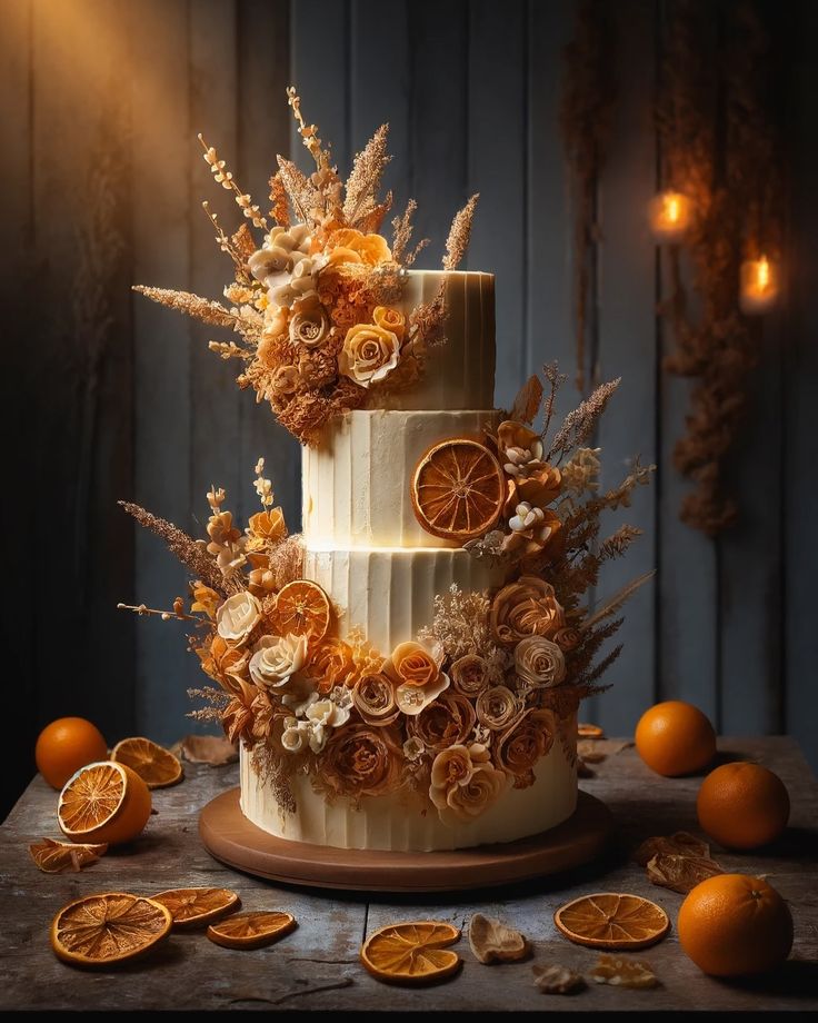 a three tiered cake with oranges and dried flowers on the table next to it