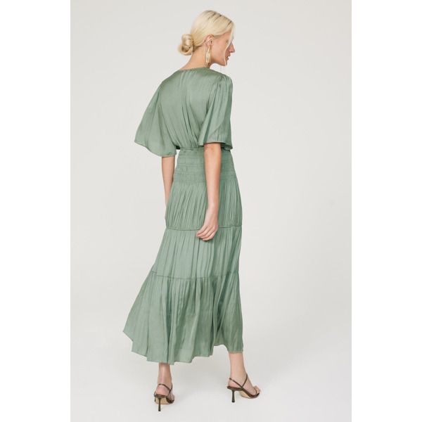 Green satin (100% Polyester). A-line. Short sleeves. V-neck. Pull on. 54" from shoulder to hemline. Imported. Chic V-neck Satin Summer Dress, Spring Satin A-line Midi Dress, Elegant A-line Maxi Dress In Rayon, Silk V-neck Maxi Dress For Brunch, Flowy A-line V-neck Dress For Formal Occasions, Flowy A-line V-neck Dress For Formal Events, Formal Flowy A-line V-neck Dress, Chic Satin Dress With Tiered Skirt, Spring Viscose Satin Dress