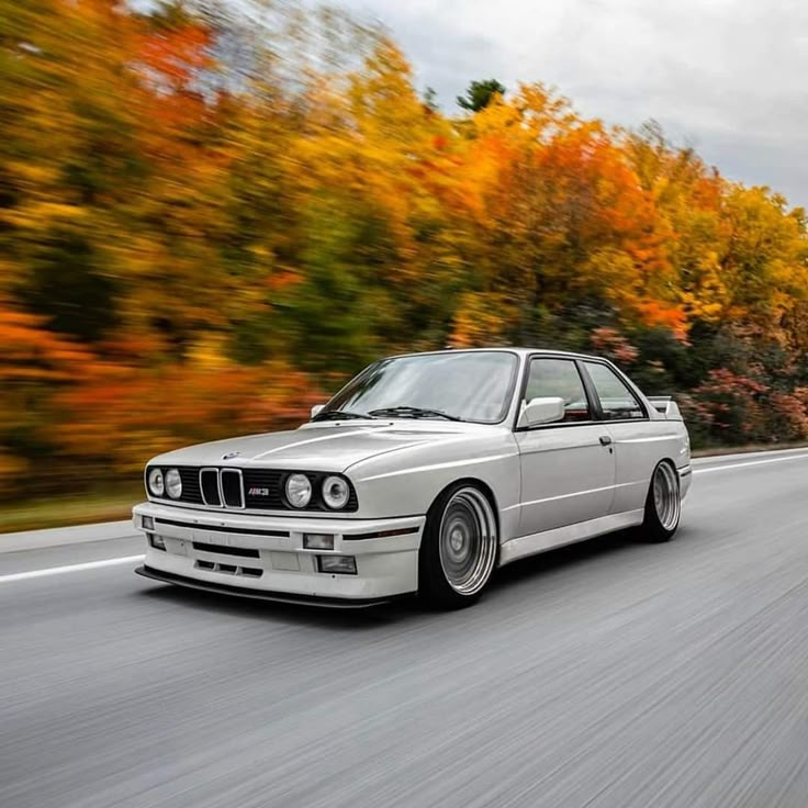 a white car driving down the road in front of trees with orange and yellow leaves