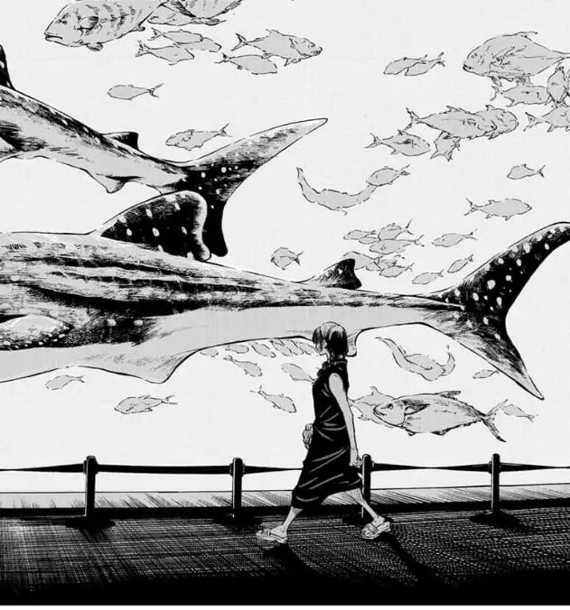 a drawing of a woman walking past a shark with fish on it's back