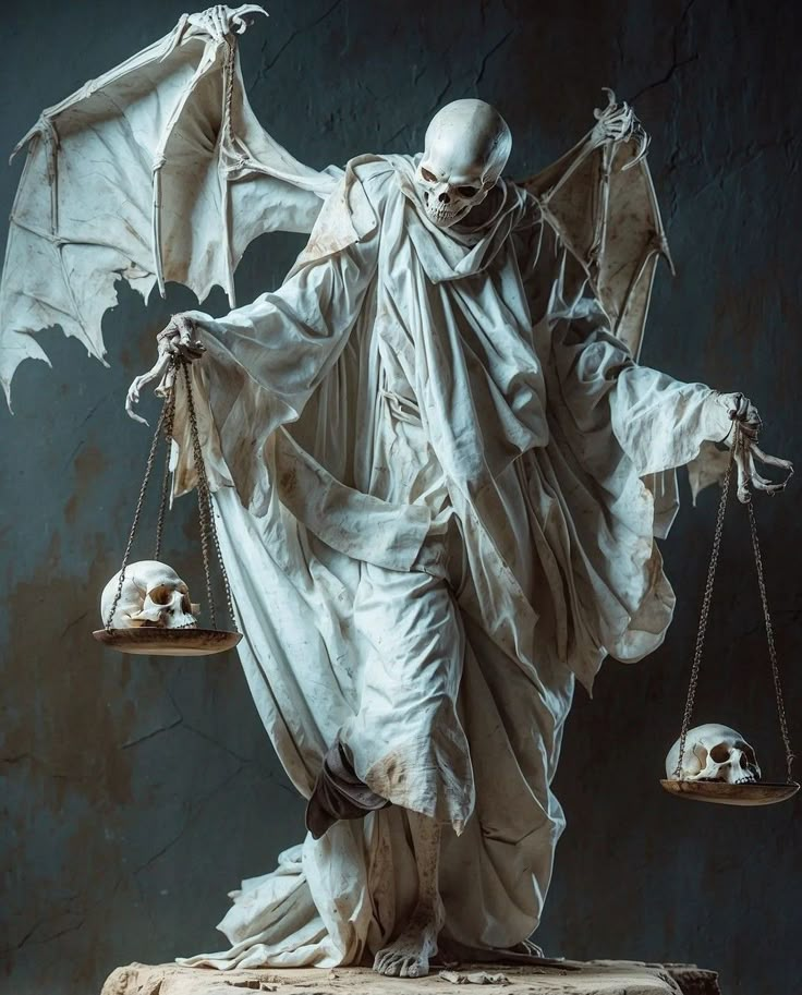 a statue of a skeleton holding two scales and a skull in the air with wings