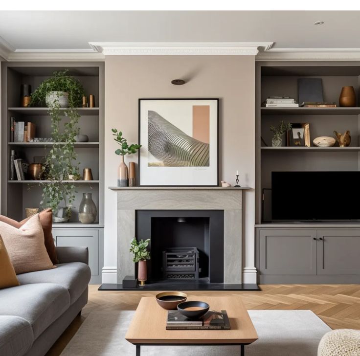 a living room filled with furniture and a fire place in front of a flat screen tv