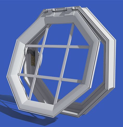 an open window in the shape of a hexagonal structure on a blue background