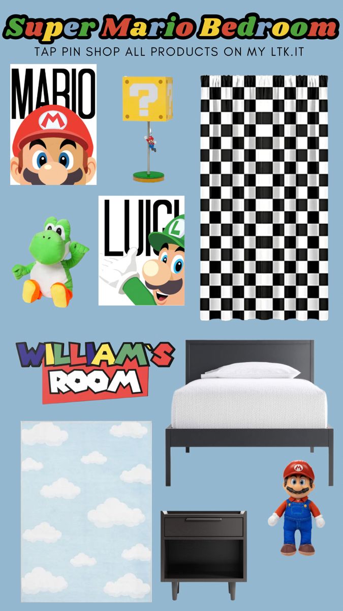 the mario bedroom is shown in blue and black with other items on it, including a bed