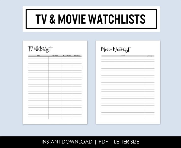 two printable movies list with the words tv and movie watchlists on them