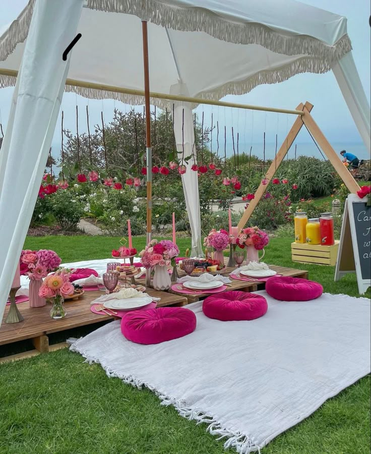 an outdoor picnic with pink and white decor