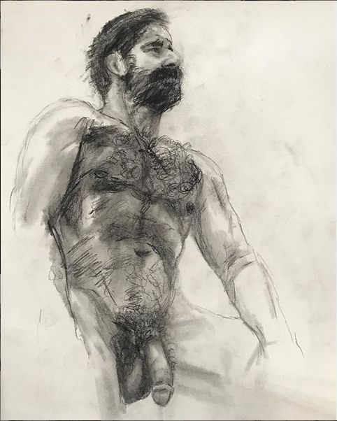 a black and white drawing of a man with no shirt holding his hands behind his back