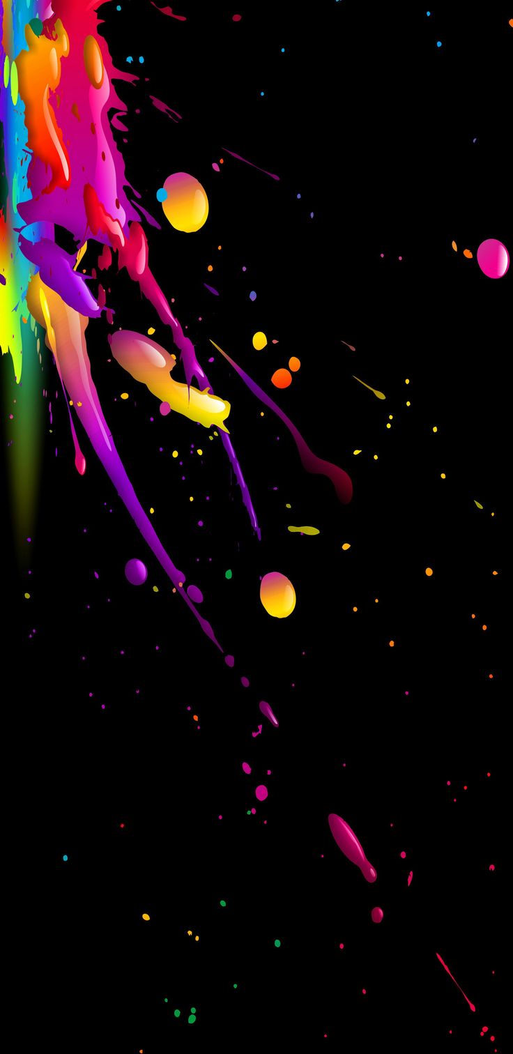 colorful paint splattered on black background with rainbows and dots in the bottom right corner