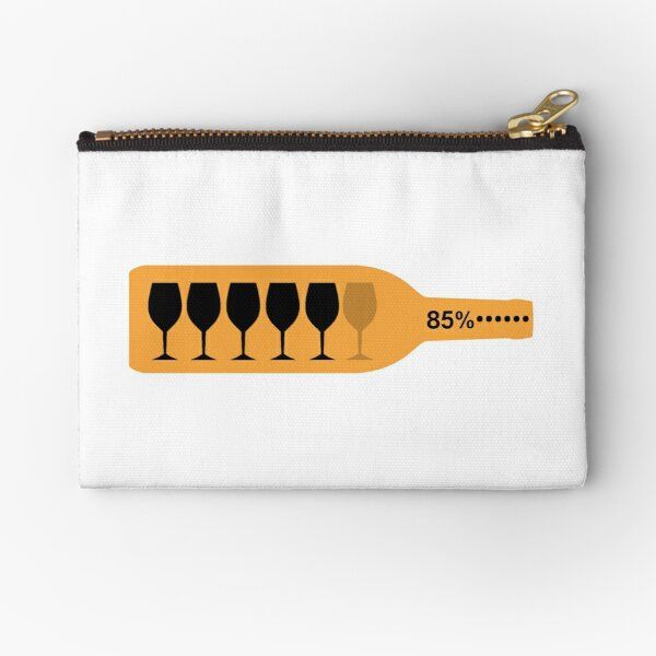 a white zippered pouch with four wine glasses on it and the words 85 % written in black