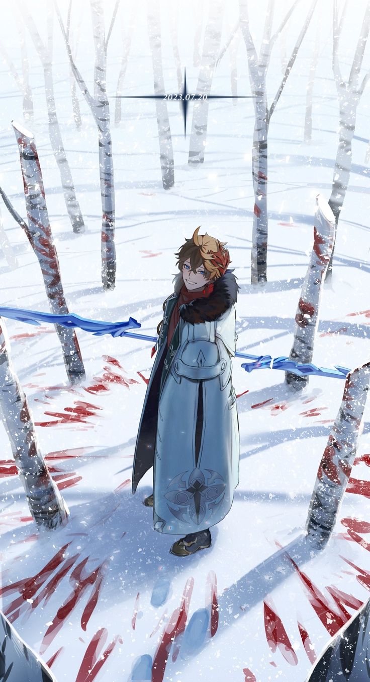 a person standing in the middle of a snowy area with trees and blood on it