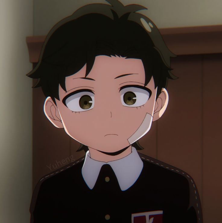 an anime character with green eyes stares at the camera while wearing a black shirt and tie