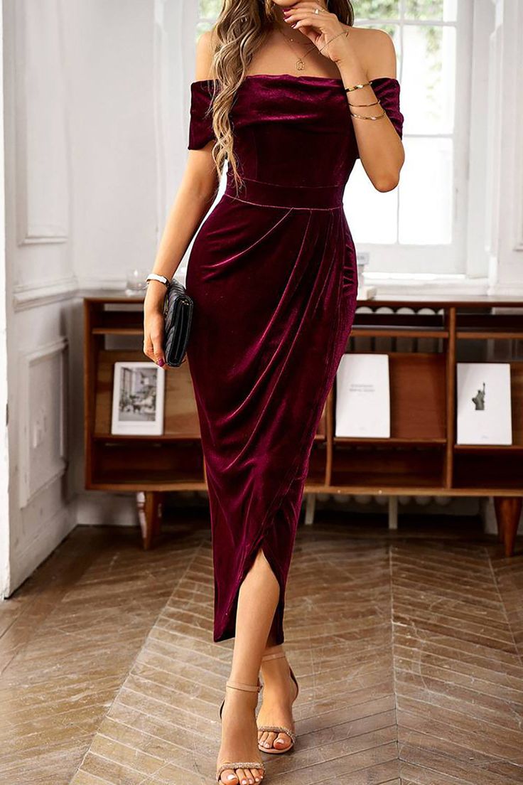 Burgundy Velvet Off the Shoulder Holiday Party Dress Steps Dresses, Exclusive Dress, Holiday Party Dresses, Solid Color Dress, Types Of Dresses, Waist Dress, Primavera Estate, Velvet Dress, Fall Dresses