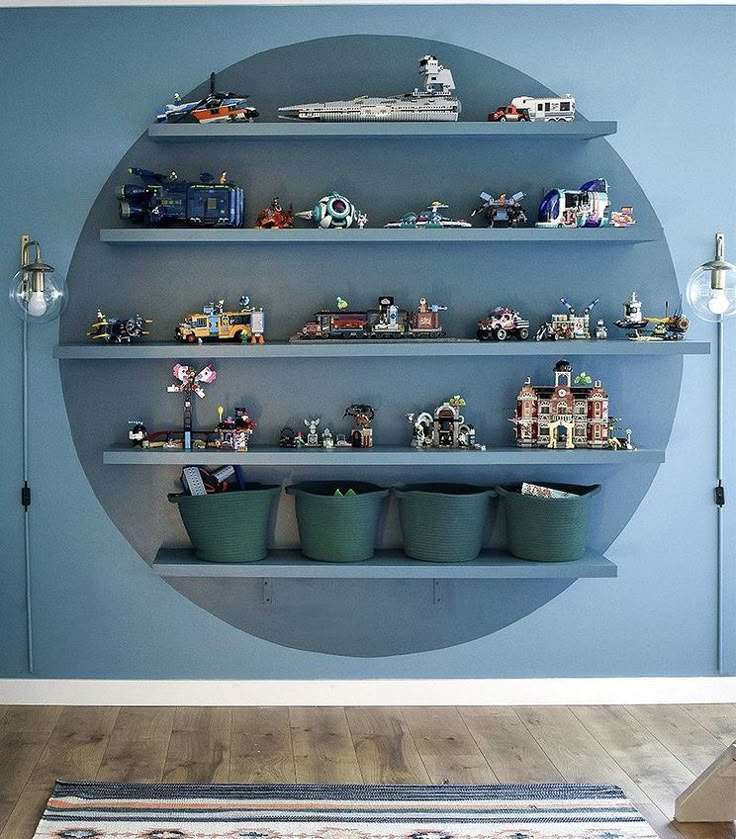 there are many shelves with toys on them