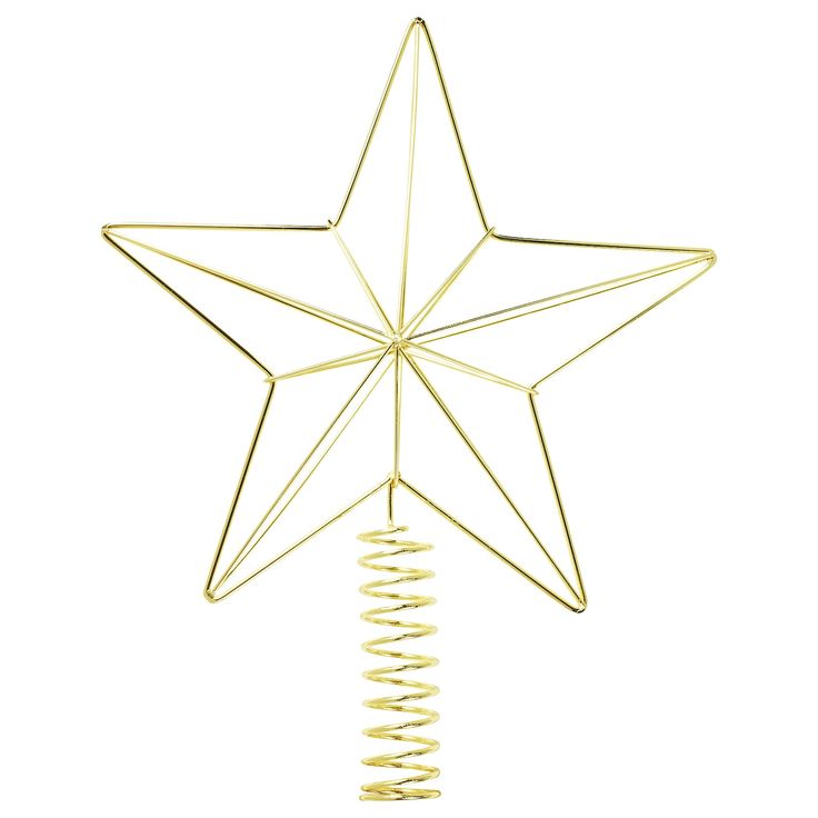 a gold star ornament with spirals hanging from it's side on a white background