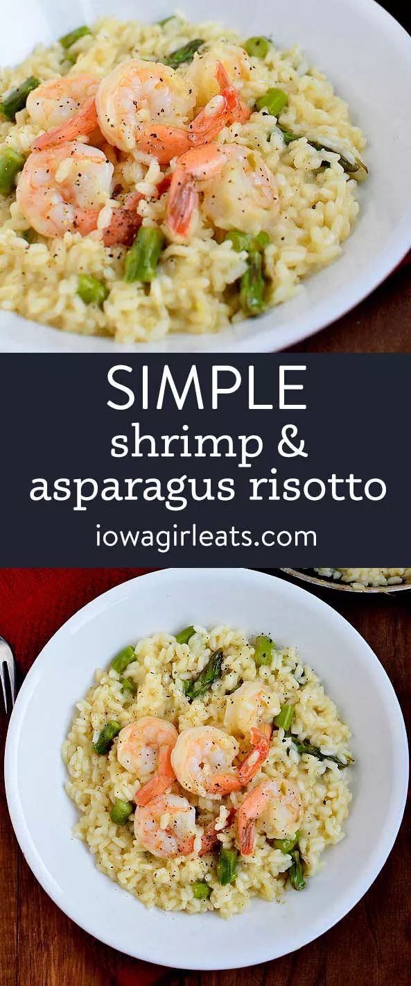 shrimp and asparagus risotto on a white plate