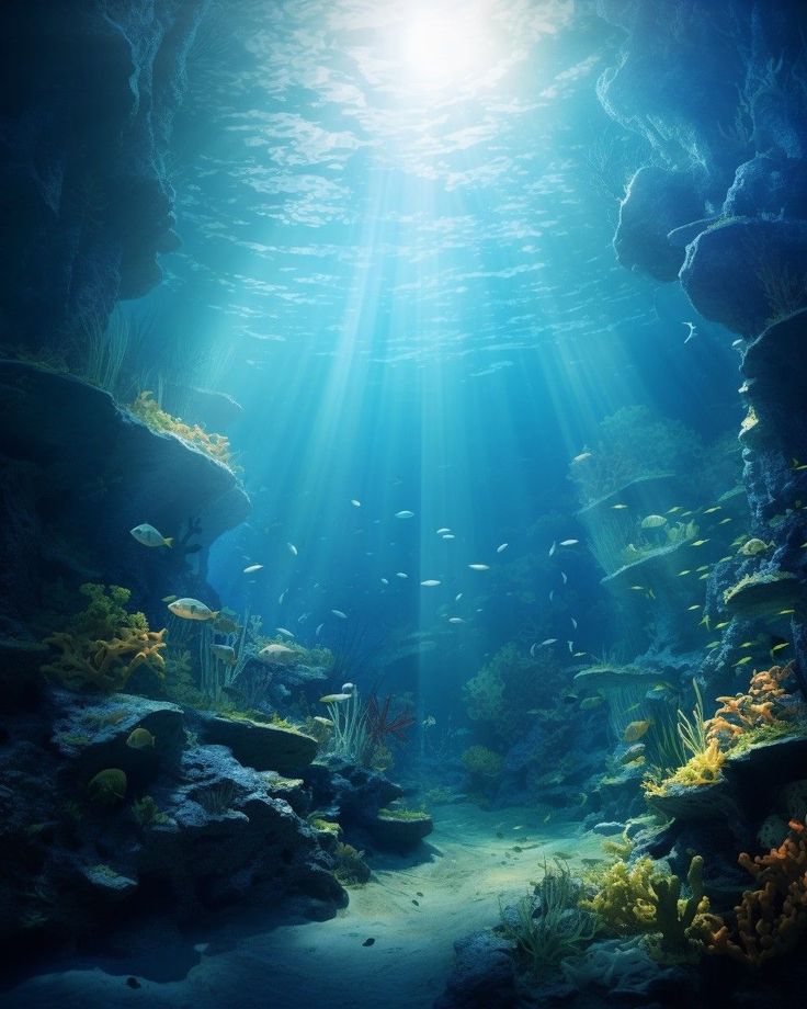 an underwater scene with sunlight streaming through the water