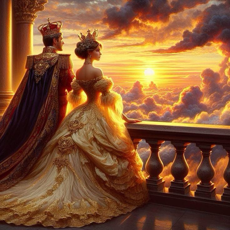 a painting of two people dressed as princesses looking out over the clouds at sunset