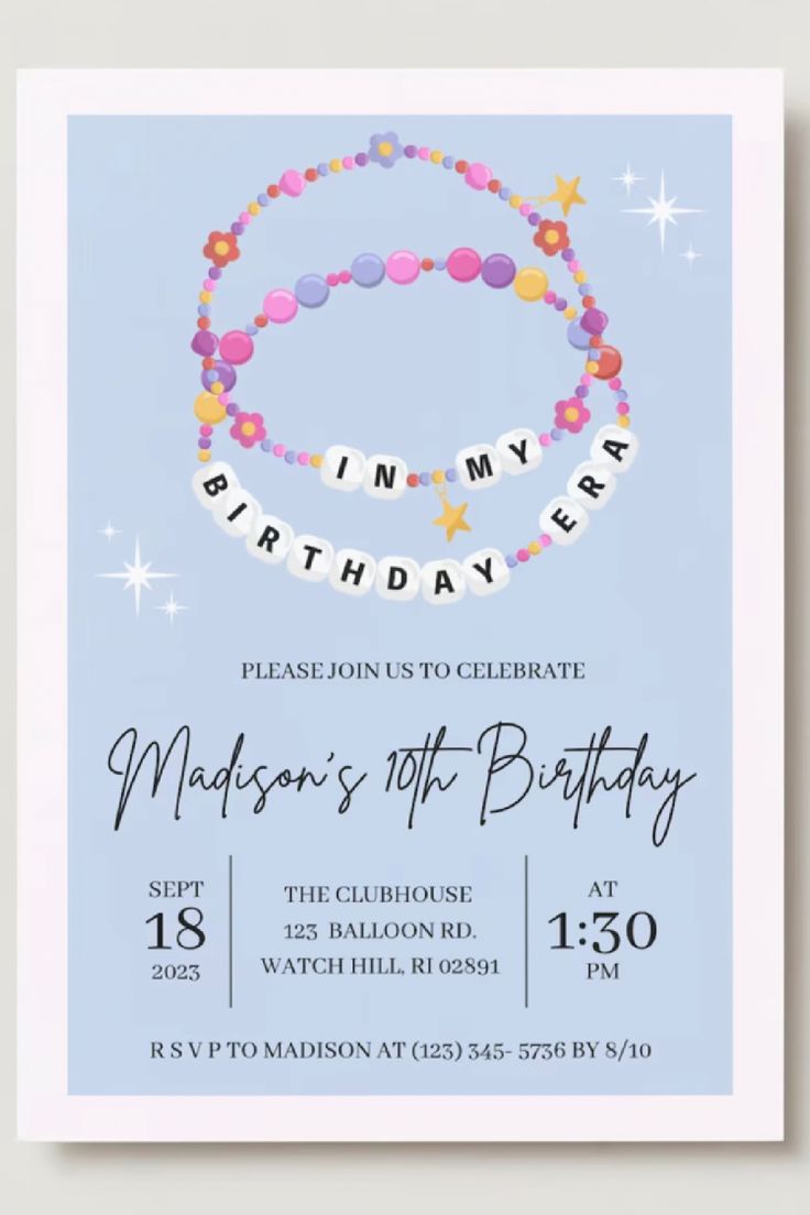 a birthday party card with a bracelet and name on the front, in pastel blue background