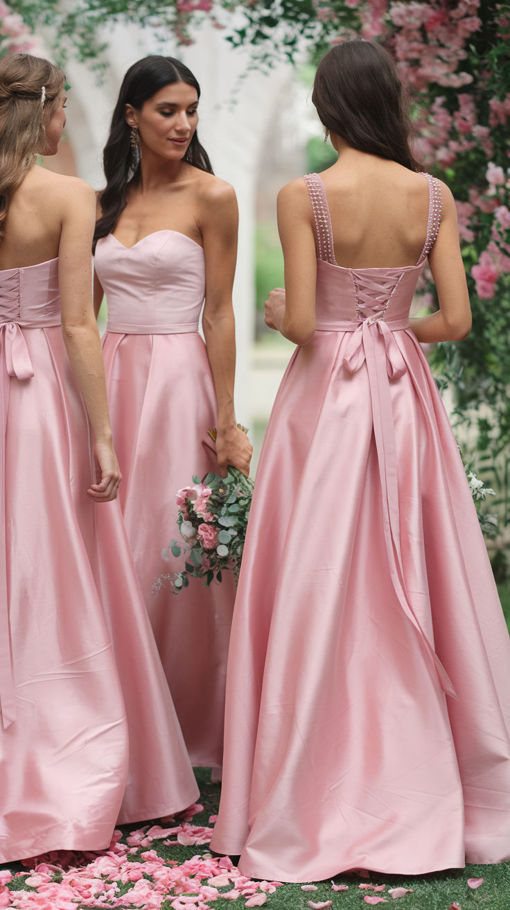 three women in pink dresses standing next to each other and looking at the same dress