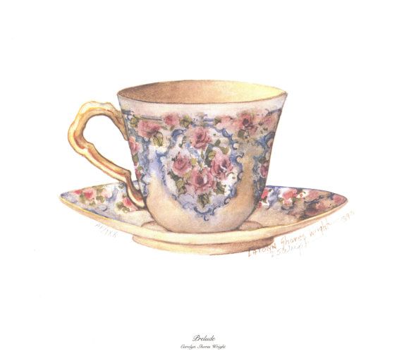 a drawing of a cup and saucer with flowers on it