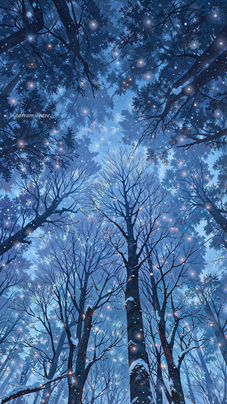 a painting of trees in the snow with stars falling from their tops and on them