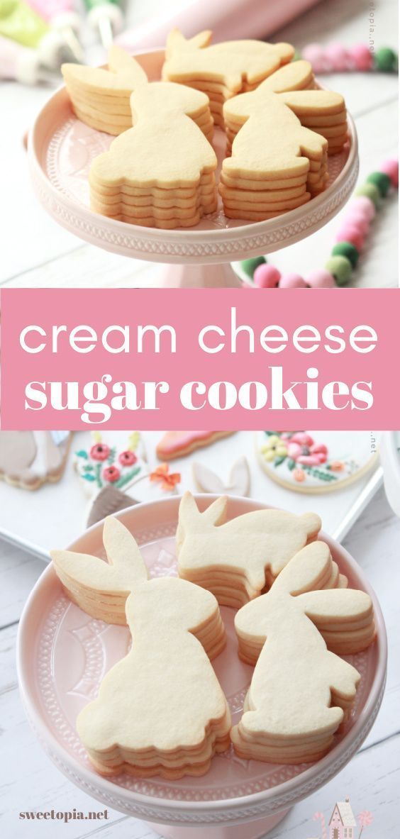 two plates with cookies decorated like rabbits and the words cream cheese sugar cookies