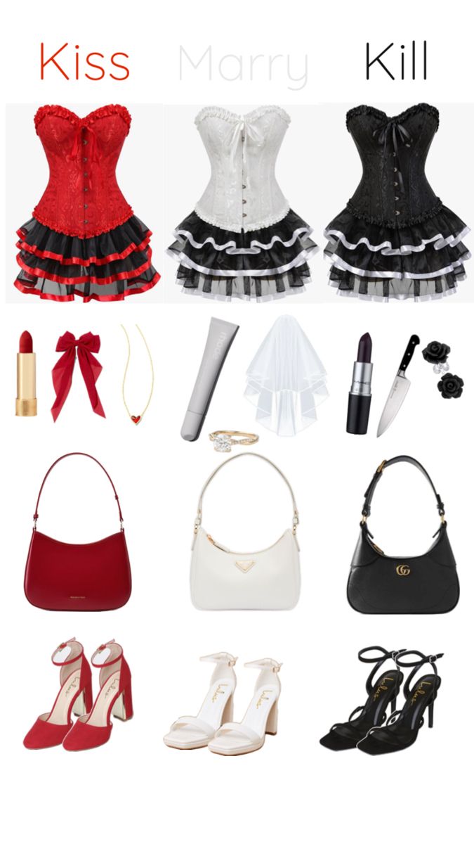 several different types of women's clothing and accessories on display with the words kiss marry kill