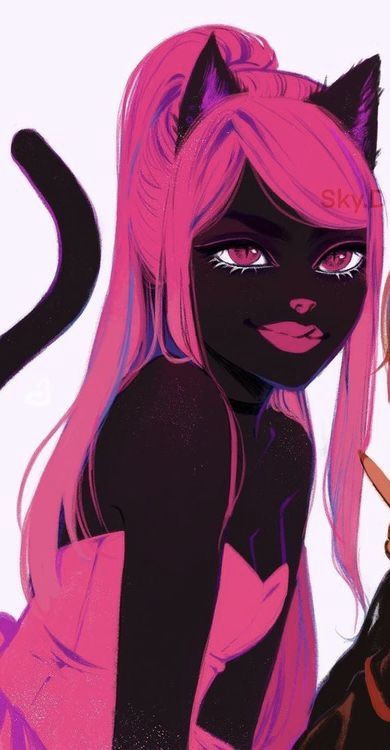 a drawing of a girl with pink hair and black cats on her face next to a cat