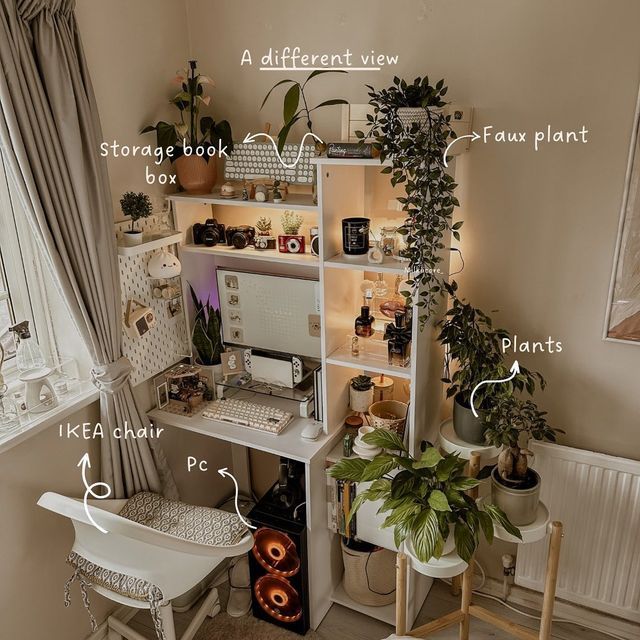 a room with plants and other things on the shelves in it, including a computer desk