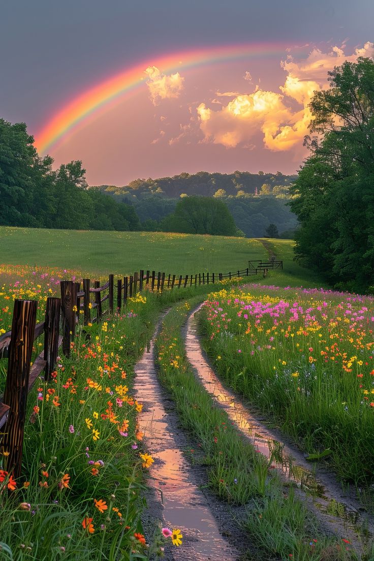 a rainbow over a field with flowers and a dirt path leading to the fenced in area