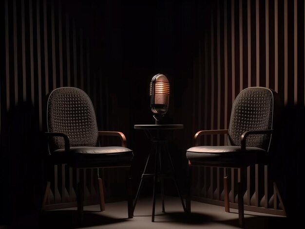 two chairs sitting next to each other in front of a table with a microphone on it