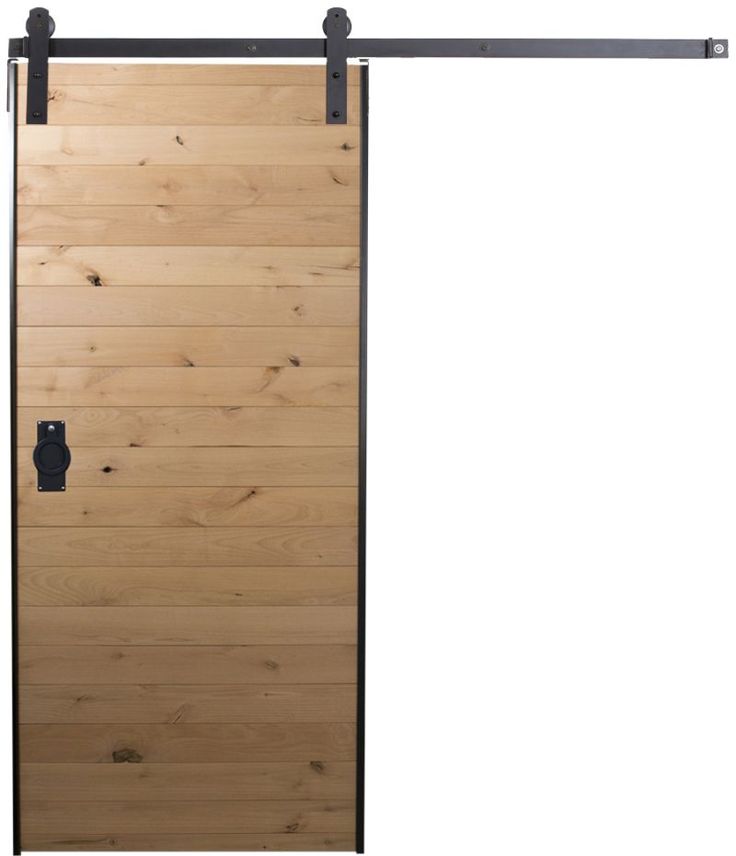 an open wooden door with black hardware on the bottom and side panels, against a white background