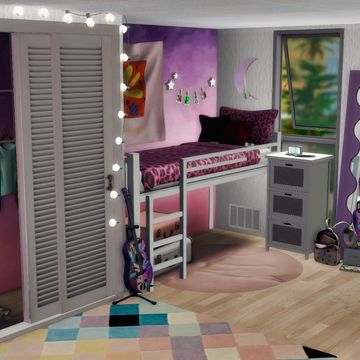 a bedroom with a bed, desk and closets in it's center area