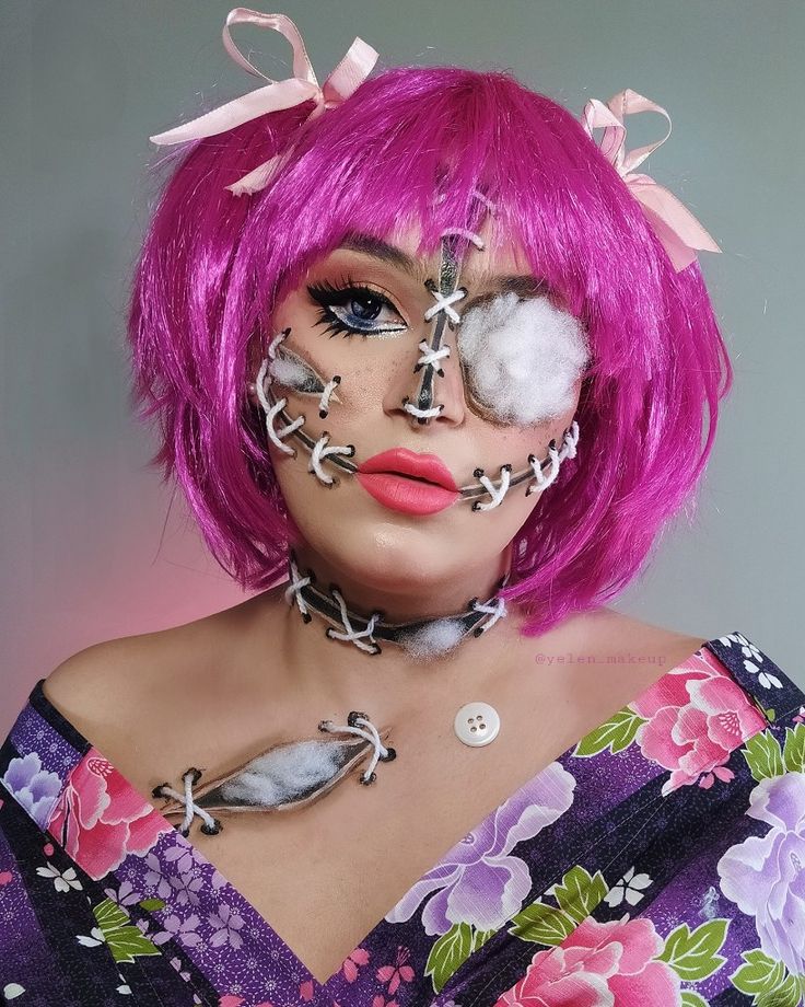 makeup, doll, makeup, image, broken doll Sfx Costume Ideas, Ragdoll Halloween Costume, Demon Doll Makeup, Stitched Doll Makeup, Doll Sfx Makeup, Scary Doll Costume For Women, Cracked Doll Makeup Halloween, Creepy Doll Costume Women, Creepy Doll Makeup Easy