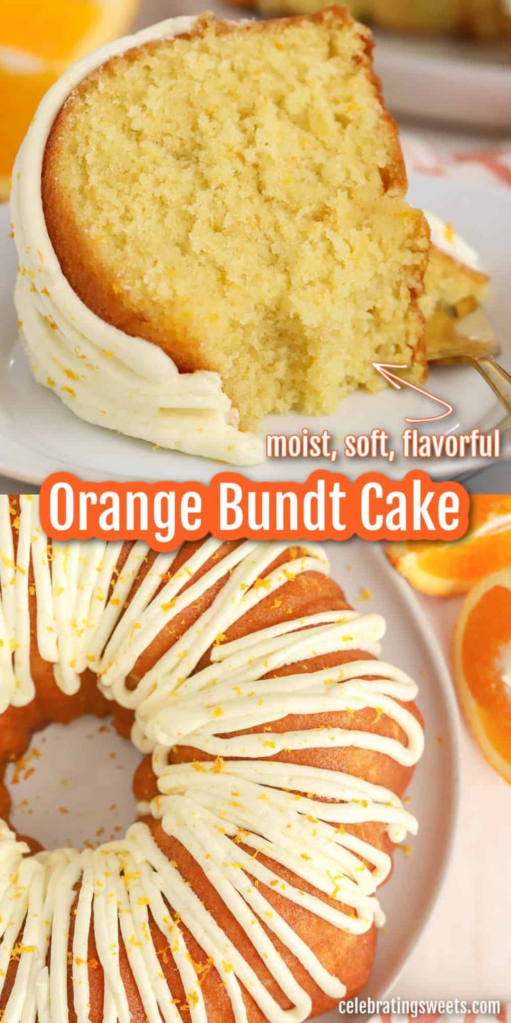 an orange bundt cake with white icing on a plate next to the bundt cake