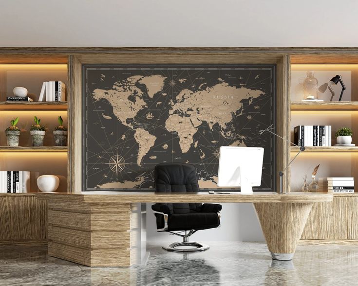 a desk with a chair and a large map on the wall