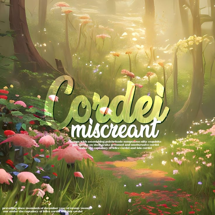 an image of a forest scene with flowers and plants in the foreground that says cordele miscreant