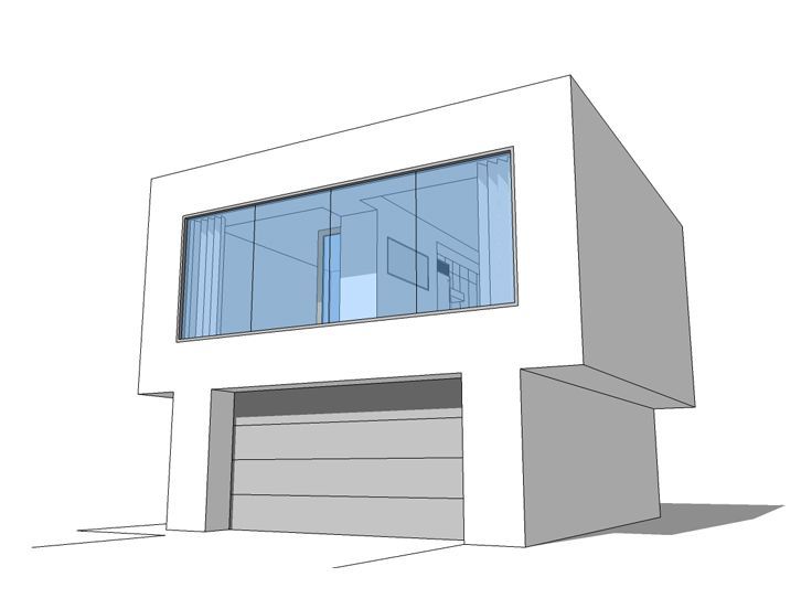 an architectural drawing of a modern house with two garages and a large window on the second floor