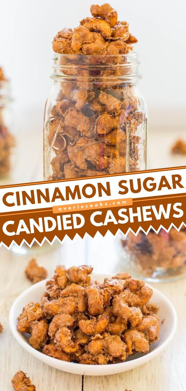 Cinnamon Sugar Candied Cashews, football party food ideas, finger food, game day, snack ideas, christmas, holidays Candied Cashews, Coconut Cashews, Cashew Recipes, Crunch Bars, Snack Mixes, Averie Cooks, Christmas Recipes Easy, Holiday Dishes, Snack Mix Recipes