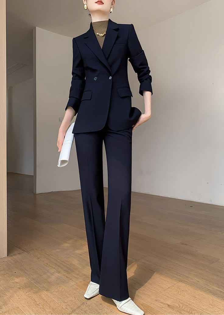 Make a statement with the Linette Double Breasted Blazer Pants Suit. Elegant and sophisticated, this two-piece set features a deep navy color and a slimming double-breasted cut. Show off your refined taste and elevated style with this luxurious suit that is perfect for any occasion. Blazer: Double Breasted button closure Notched lapels Long sleeves Front flap pockets Pants Zip fly with button closure Side slant pockets Cropped length - Polyester, spandex- Item #43194- Women's blazer & pants suit Women’s 3 Piece Suit, Women Navy Suit, Women Double Breasted Suit, Formal Blazer Outfits For Women, Pantsuits For Women Business, Formal Blazer Outfits, Dark Blue Suit Wedding, Estilo Kardashian, Dark Blue Suit