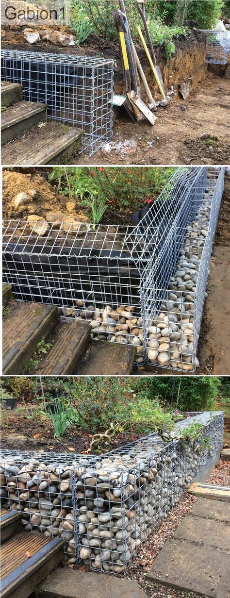 several pictures of the steps made out of rocks and steel wire mesh, along with some trees in the background