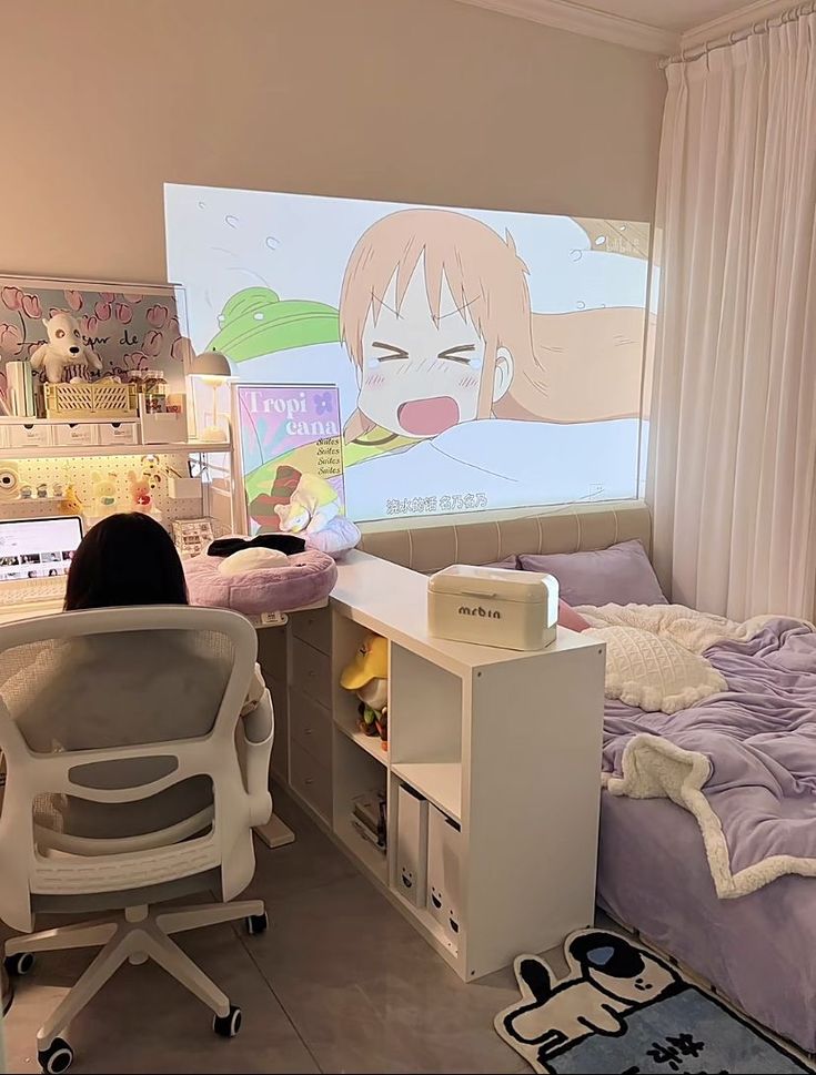 a person sitting at a desk in front of a projector screen with anime characters on it