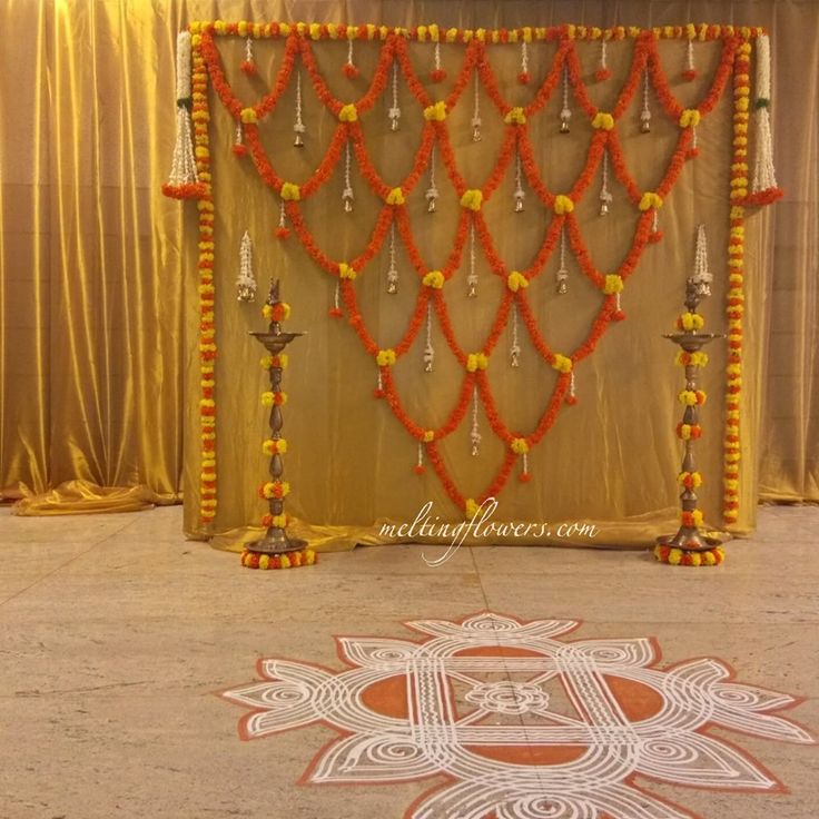 traditional flower backdrop decor Indian Baby Shower Decorations, Leaf Decor Wedding, Simple Stage Decorations, Ganpati Decoration At Home, Wedding Halls, Ganapati Decoration, Diwali Decorations At Home, Traditional Flower, Wedding Background Decoration