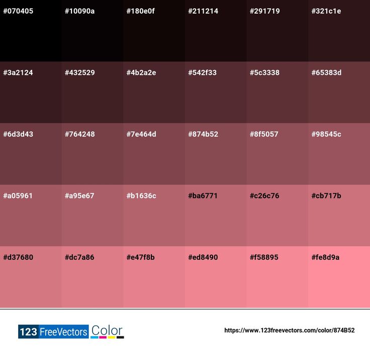 the color chart for different shades of pink, red and black with text below it