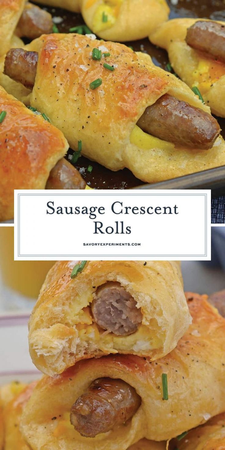 sausage crescent rolls on a baking sheet with cheese and herbs in the middle, stacked together