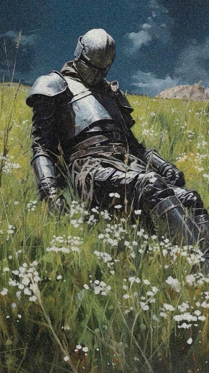 a painting of a man in armor sitting in the middle of a field with wildflowers