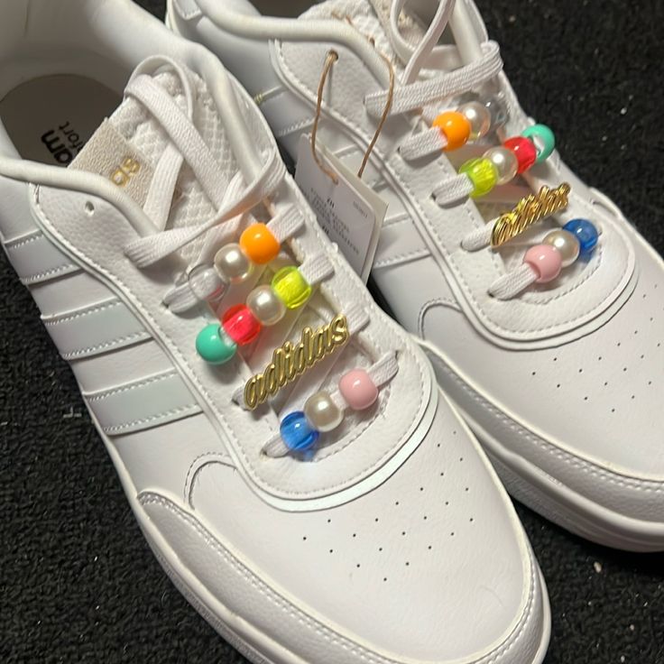 Size 11 With Beads On The Laces Bling Adidas Shoes, Beaded Laces Shoes, Beads On Shoelaces, Beaded Shoes Laces, Bling Clothes, Nike Shoe Laces, Disney Sparkle, Diy Sneakers, Beaded Shoes