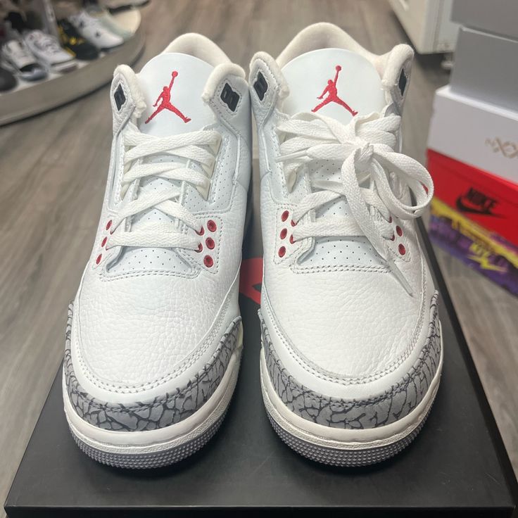 Brand New (Ds) Air Jordan “White Cement” 3s Sz 7y White Low-top Jordan Shoes For Streetwear, Casual White Air Jordan 4 For Streetwear, White Low-top Jordan Shoes With Speckled Midsole, White Air Jordan 4 With Boost Midsole For Streetwear, White Leather Air Jordan 4 With Branded Insole, White Leather Air Jordan 4 With Boost Midsole, White Air Jordan 4 Lace-up For Streetwear, White Lace-up Air Jordan 4 Streetwear, White Custom Sneakers With Cushioned Footbed For Streetwear