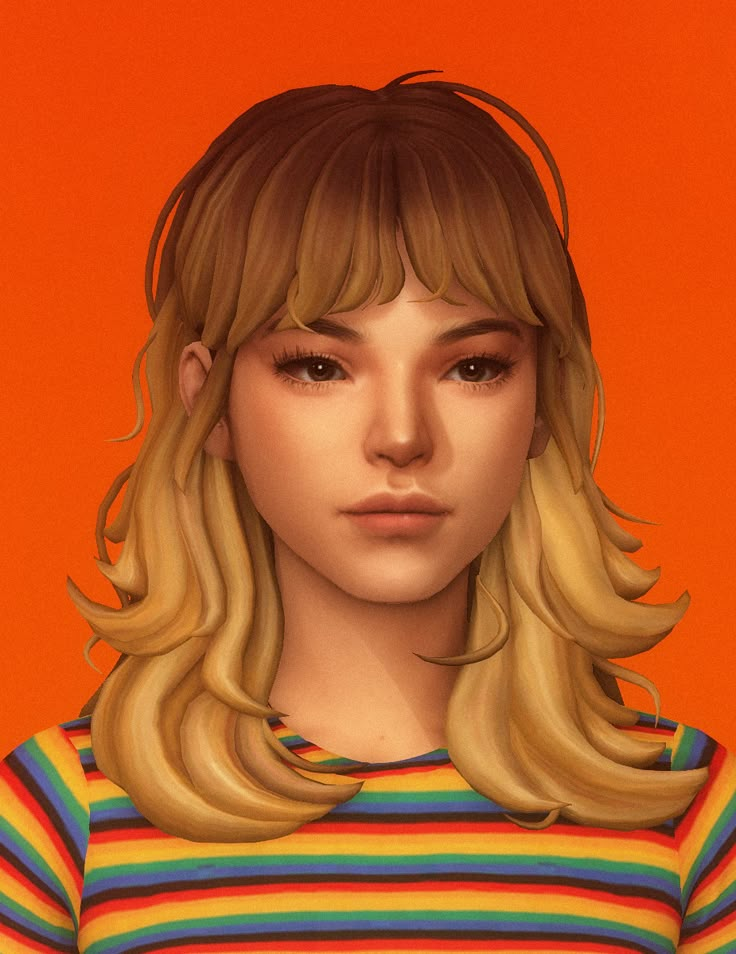 a digital painting of a woman with blonde hair and bangs, wearing a striped shirt