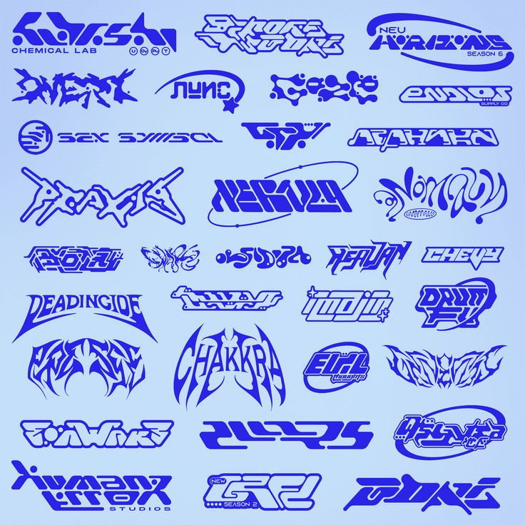 various types of graffiti stickers on a blue background